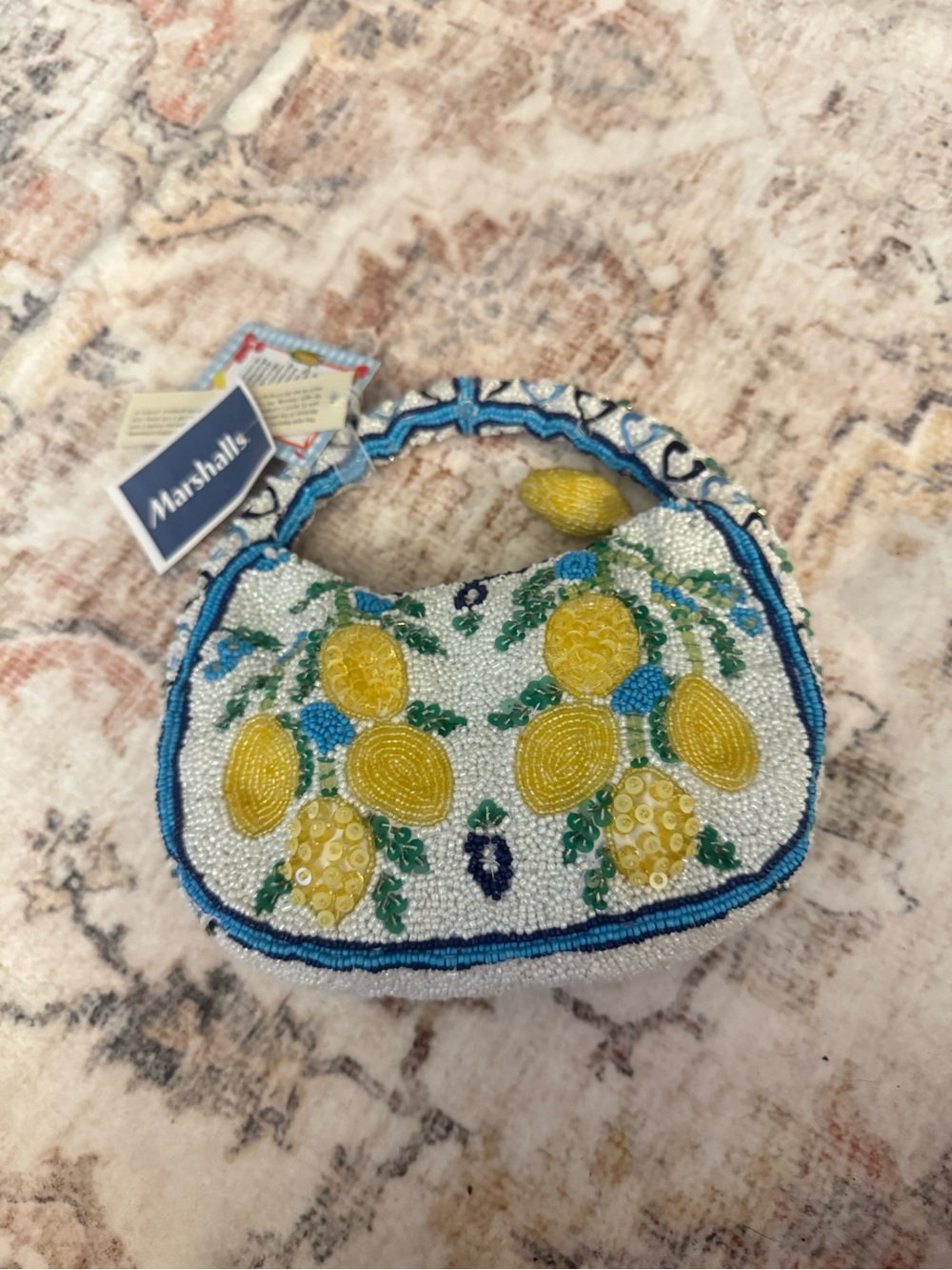 NWT Made In India White/Blue/Yellow Beaded Lemon Mini Bag Viral Handmade - Picture 2 of 3